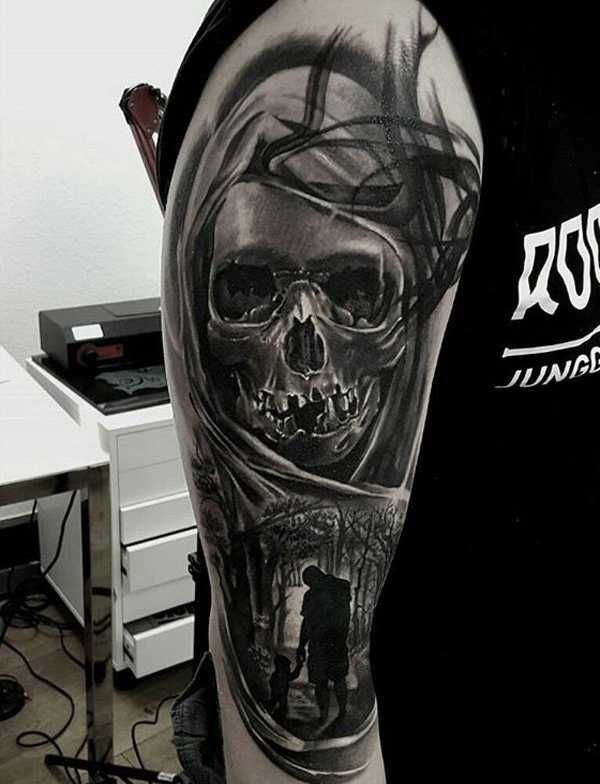 Black and white skull tattoo