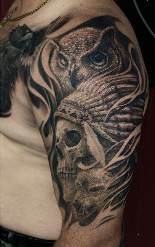 Owl with indian skull tattoo