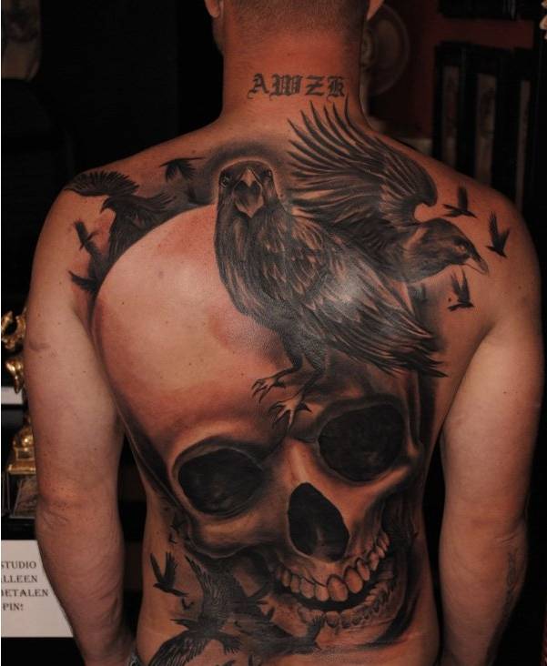 Skull and crows tattoo