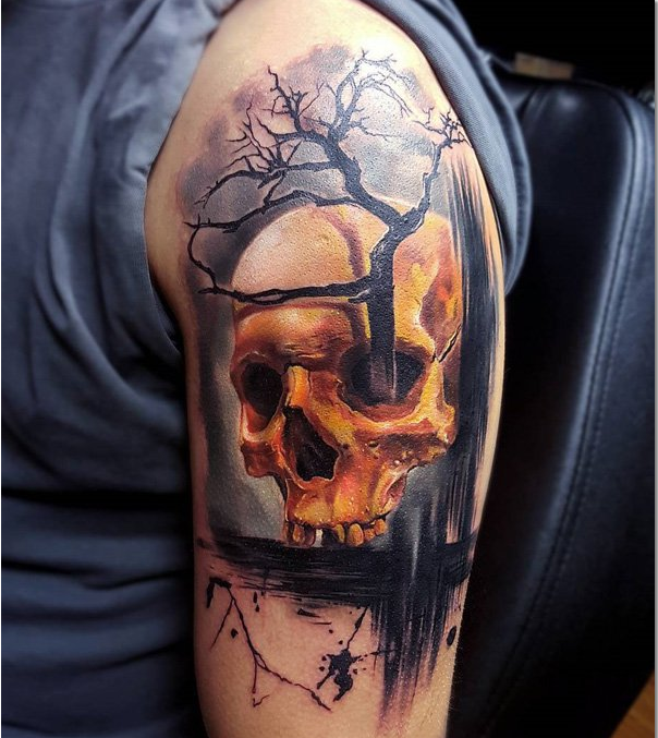 Skull and tree tattoo