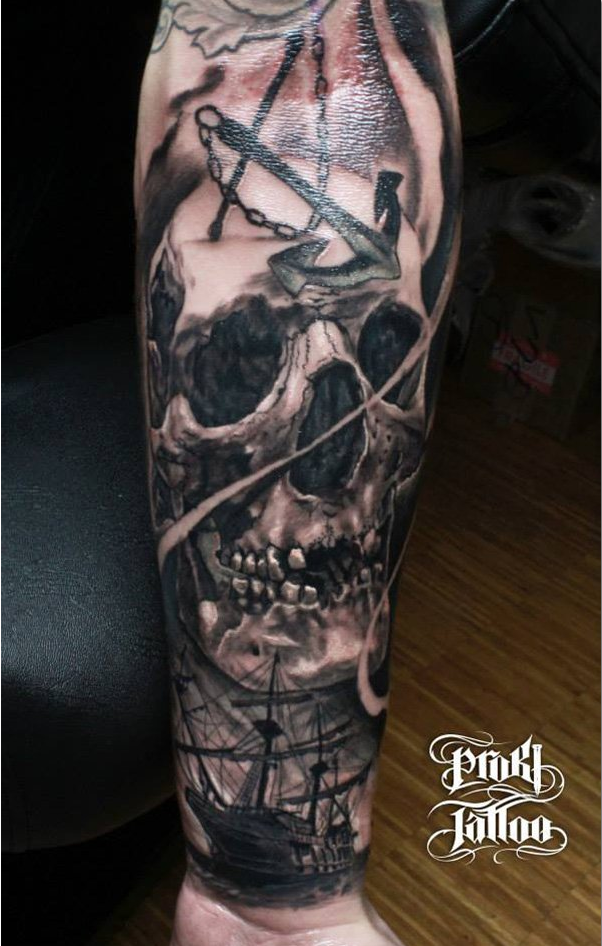Skull with boat tattoo