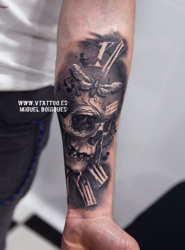 Skull with watch tattoo